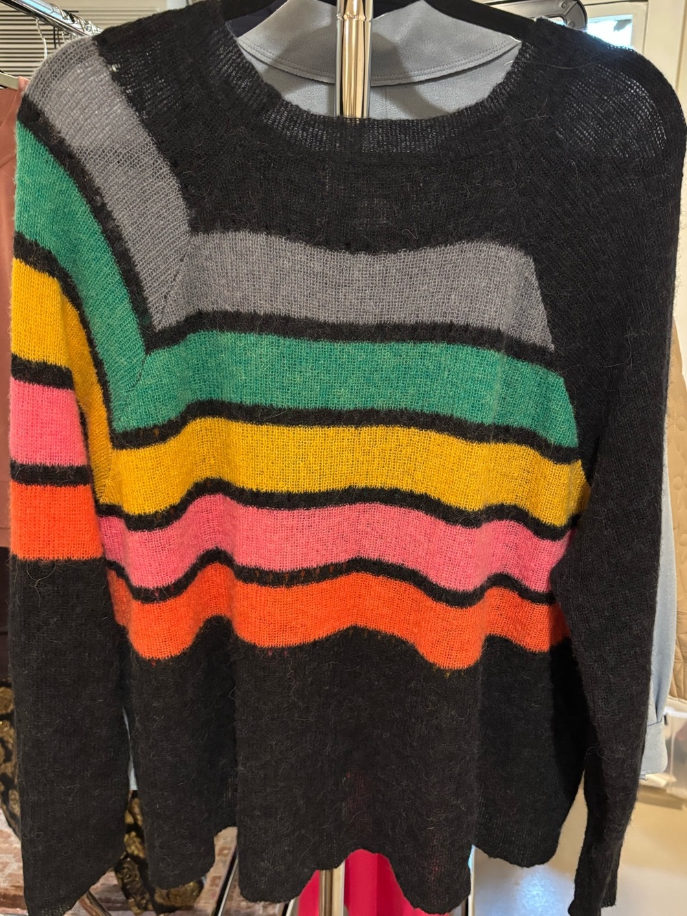 Wildfox Black Crewneck Sweater with Green Yellow Pink Orange and Gray Stripes